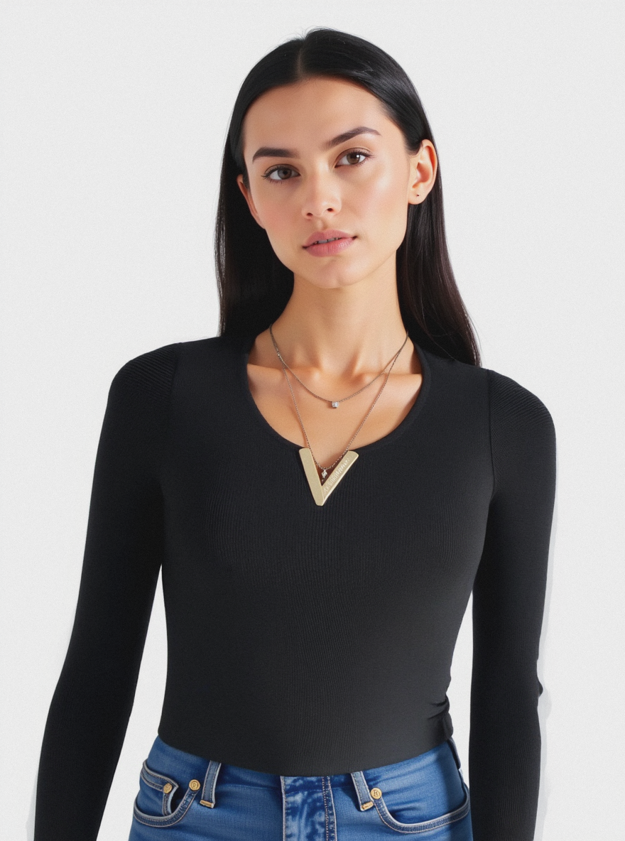 Long Sleeve V-Cut Blouse - Accessorized