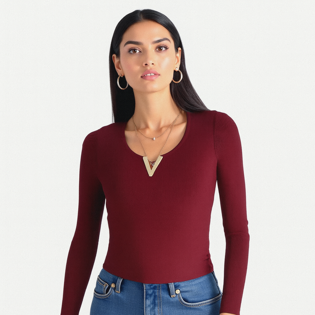 Long Sleeve V-Cut Blouse - Accessorized