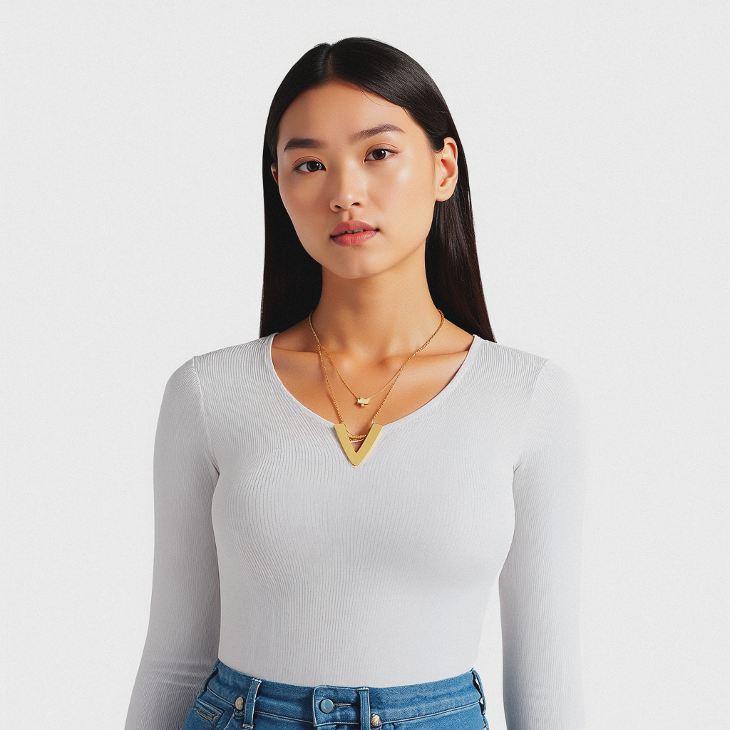 Woman wearing an accessorized white long-sleeve top and blue jeans with a plain background