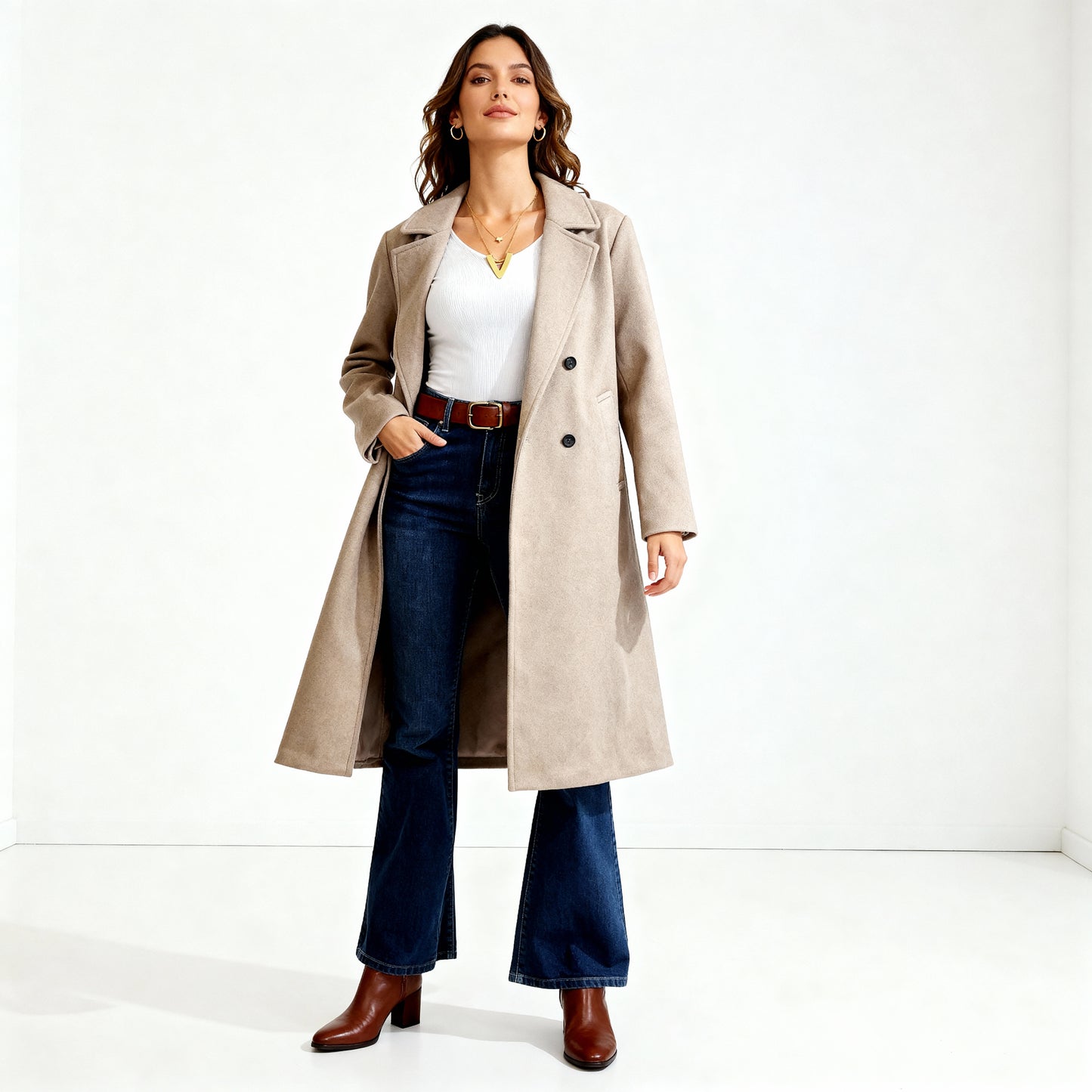 Double Breasted Long Coat - Beige