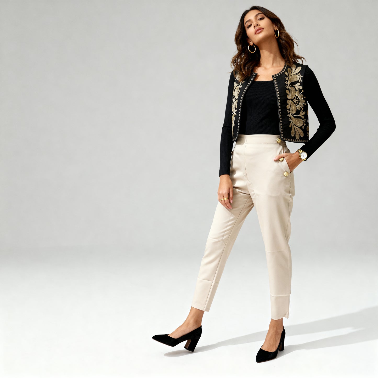 Floral Embroidered Suede-Look Vest - Black