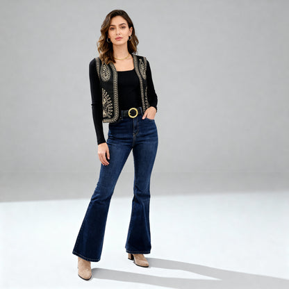 Boho Stitch Detail Crop Vest - Black