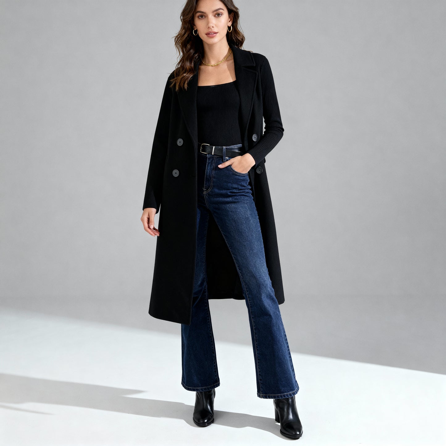 Double Breasted Long Coat - Black