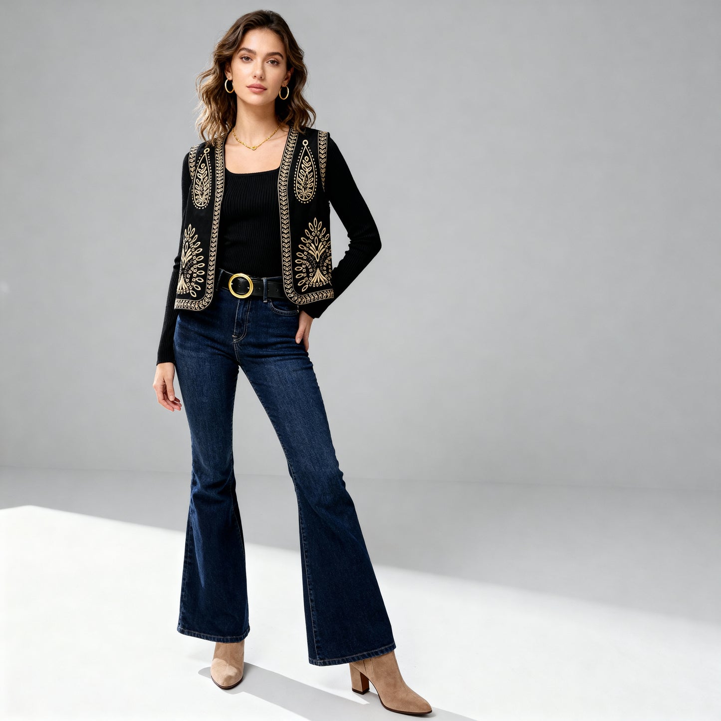 Boho Stitch Detail Crop Vest - Black