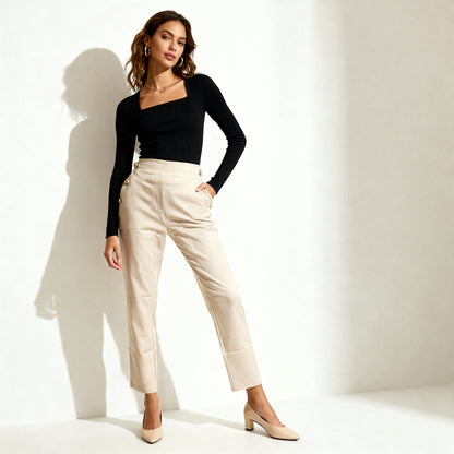 Square Neck Ribbed Long Sleeve Blouse - Black