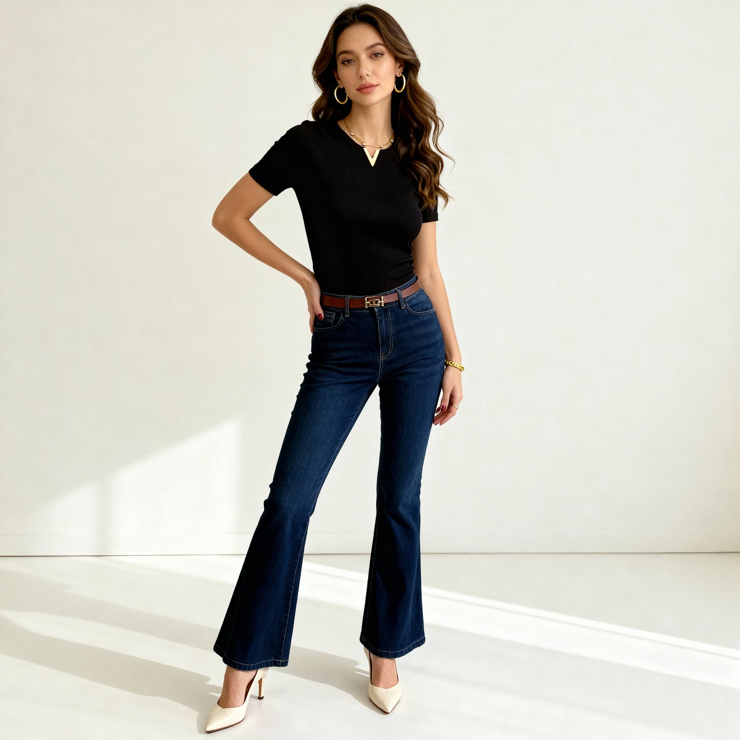 High-Waist Dark Blue Flared Jeans