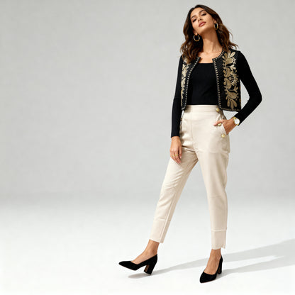 Floral Embroidered Suede-Look Vest - Black