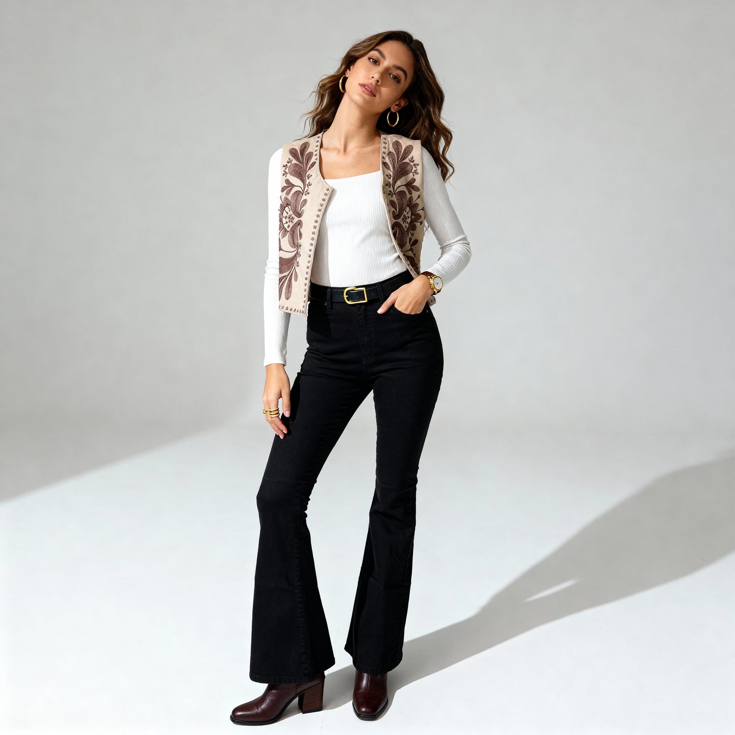 Floral Embroidered Suede-Look Vest - Beige