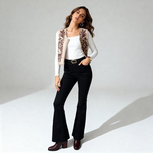 Floral Embroidered Suede-Look Vest - Beige