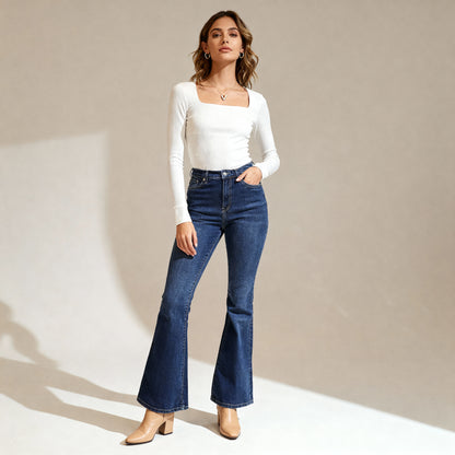 Square Neck Ribbed Long Sleeve Blouse - White