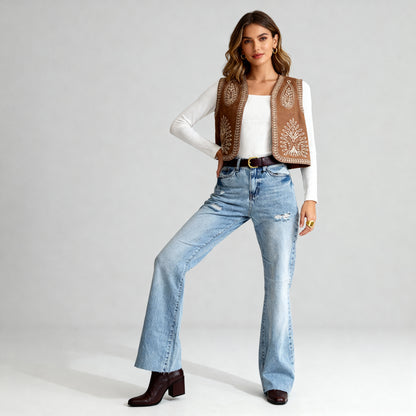 Boho Stitch Detail Crop Vest - Brown