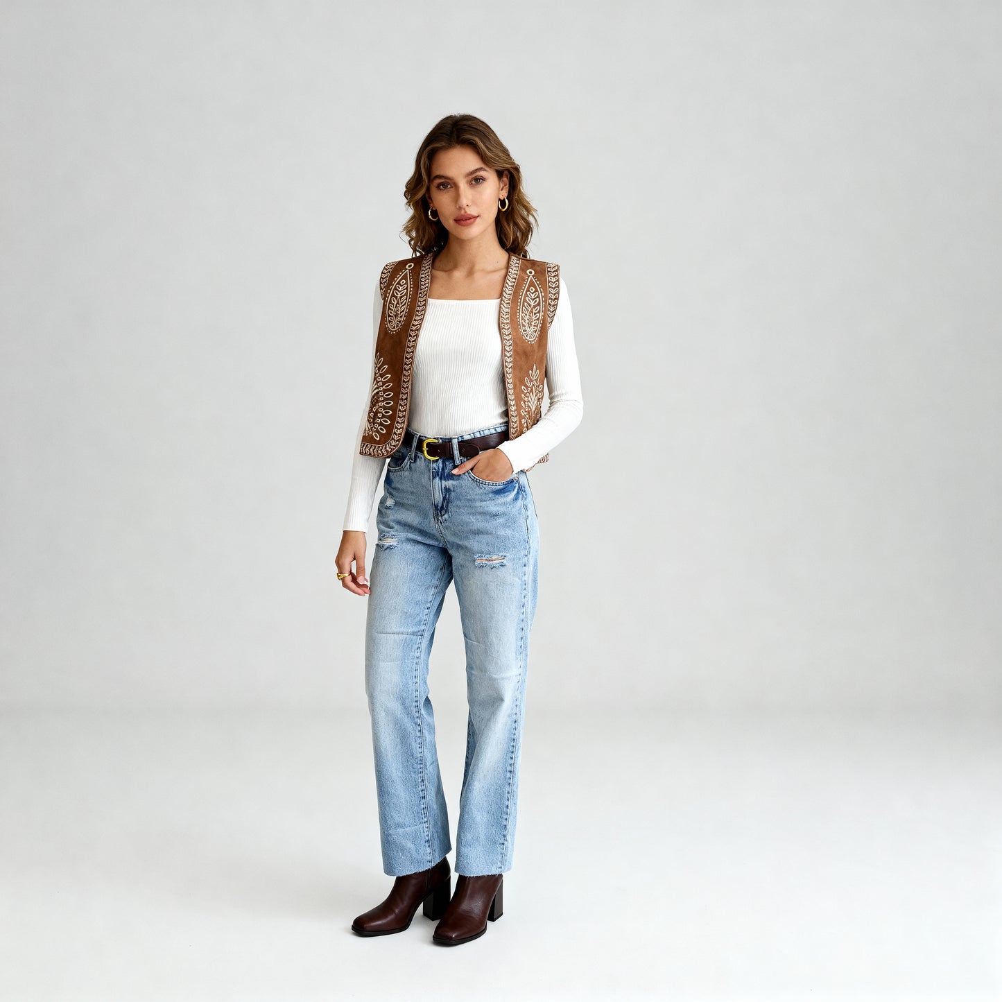 Boho Stitch Detail Crop Vest - Brown