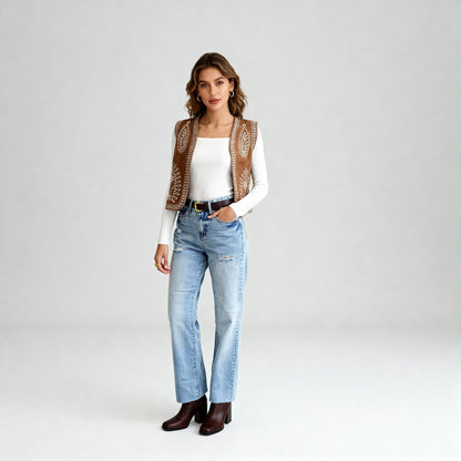 Boho Stitch Detail Crop Vest - Brown