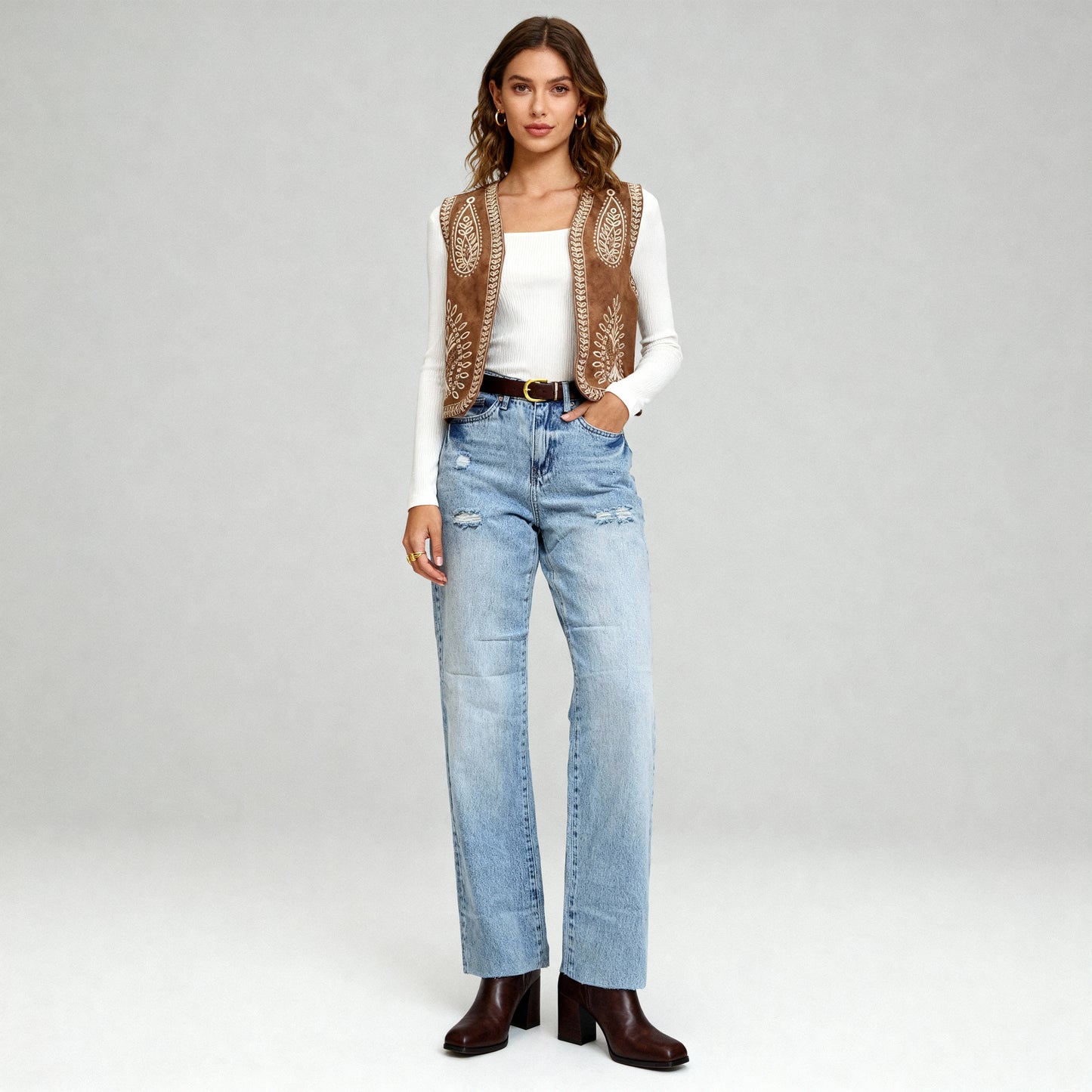 Boho Stitch Detail Crop Vest - Brown