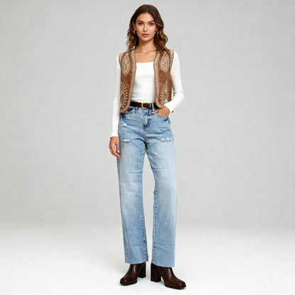 Boho Stitch Detail Crop Vest - Brown