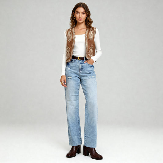 Boho Stitch Detail Crop Vest - Brown