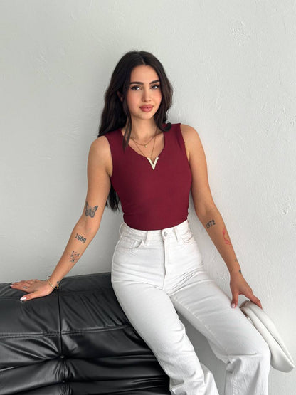 Sleeveless V-Cut Blouse  - Accessorized